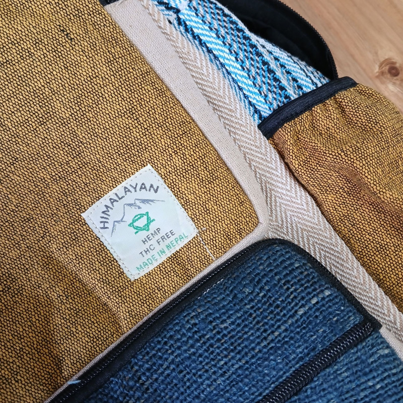 Grand sac à dos carré en chanvre - Bleu sarcelle et curcuma