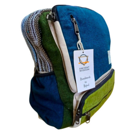 Grand sac à dos carré en chanvre - Bleu sarcelle et sauge