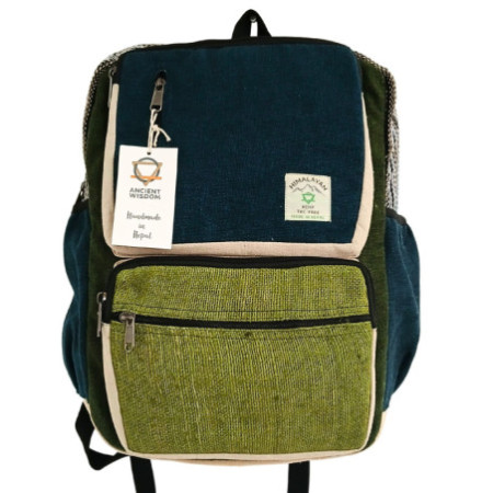 Grand sac à dos carré en chanvre - Bleu sarcelle et sauge