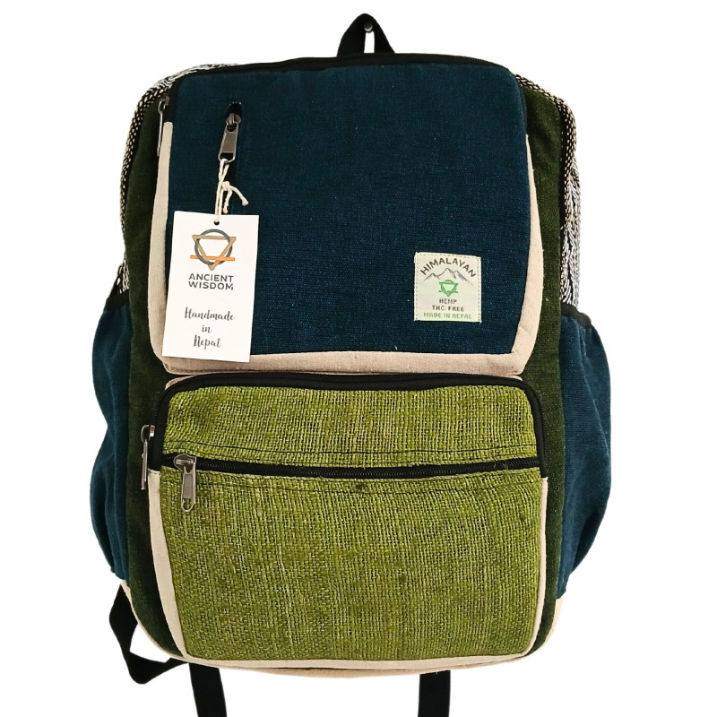 Grand sac à dos carré en chanvre - Bleu sarcelle et sauge