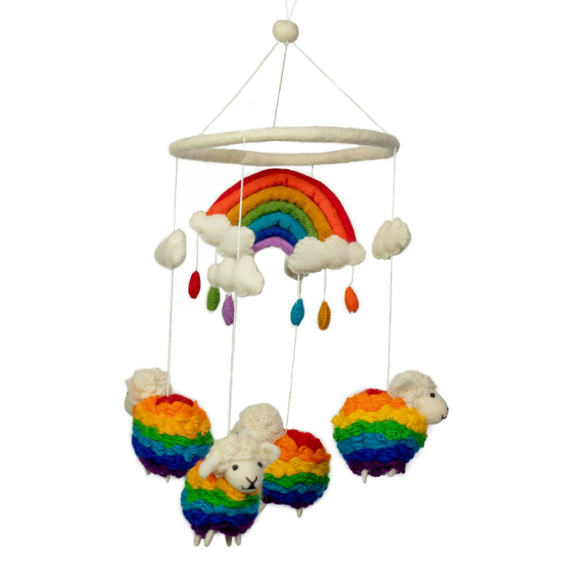 Mobile en feutre fait main - Mouton arc-en-ciel