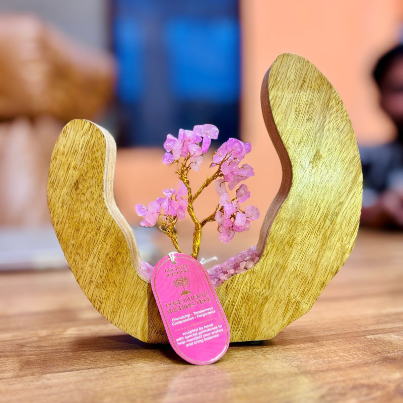 Jardin d'arbres à pierres précieuses - Bague ouverte en bois de manguier - Quartz rose - 60 éclats