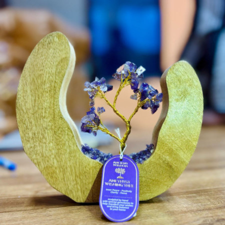 Jardin d'arbres à pierres précieuses - Bague ouverte en bois de manguier - Améthyste - 60 éclats