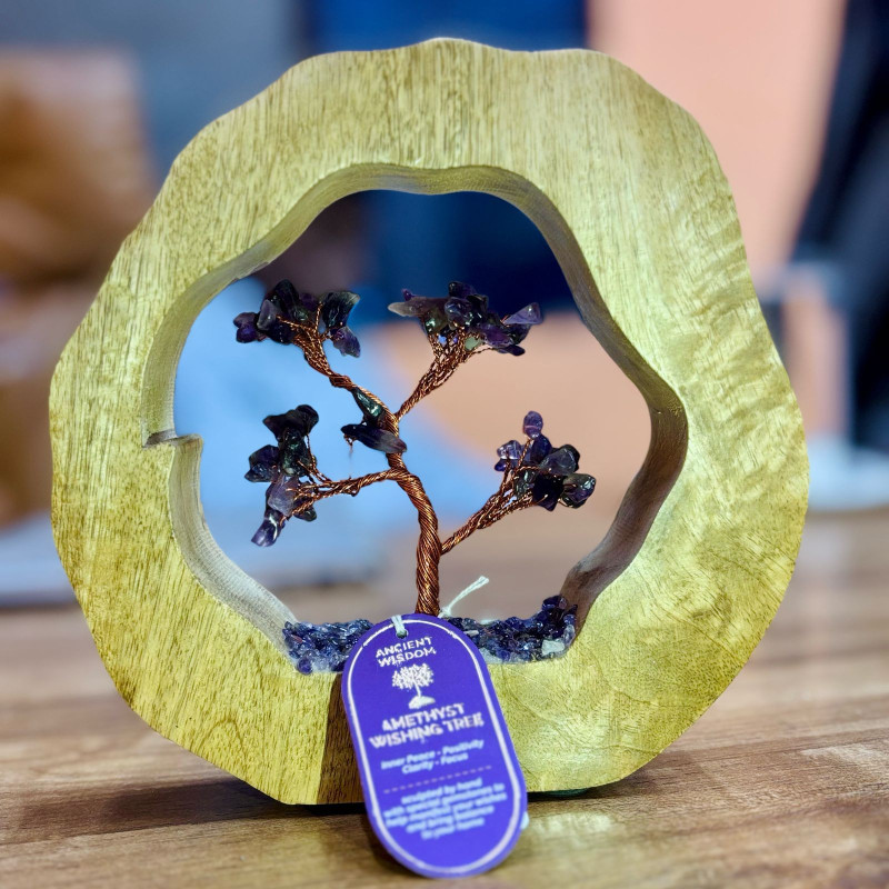 Jardin d'arbres à pierres précieuses - Bague en bois de manguier - Améthyste - 60 éclats