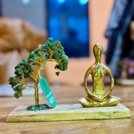 Jardin de yoga en pierres précieuses - Pose Padmasana - Aventurine verte - Arbre incliné - 100 pierres précieuses
