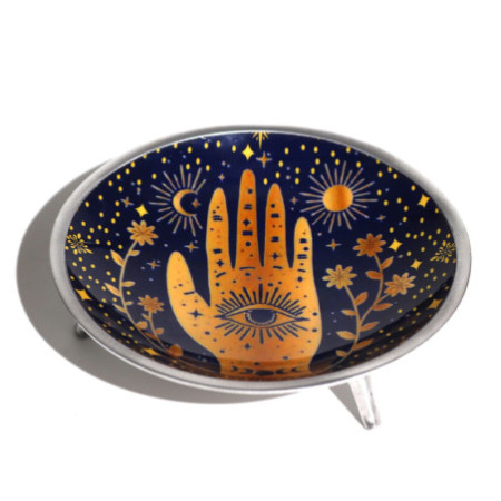 Assiette d'offrande émaillée à trois pieds - Hamsa bleu nuit