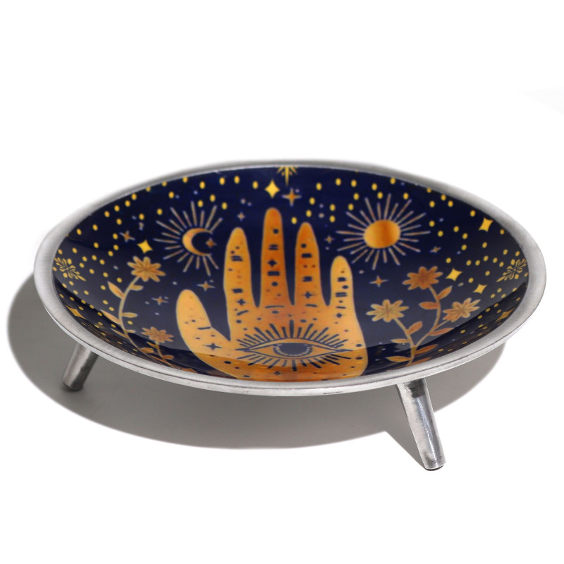 Assiette d'offrande émaillée à trois pieds - Hamsa bleu nuit