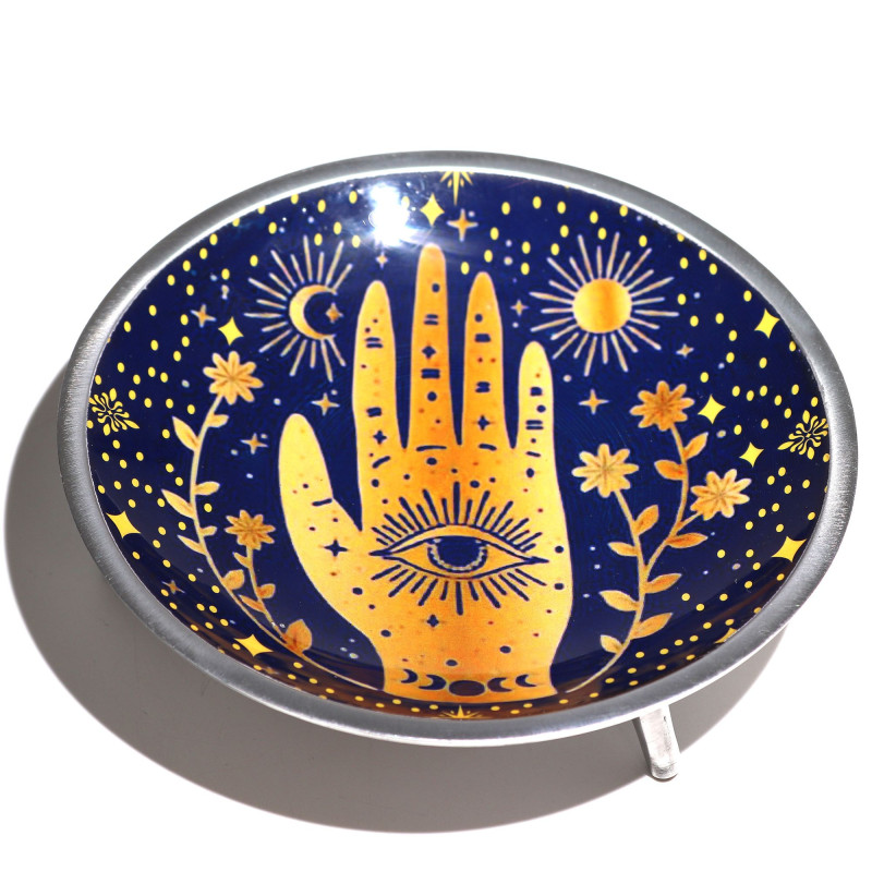 Assiette d'offrande émaillée à trois pieds - Hamsa bleu nuit