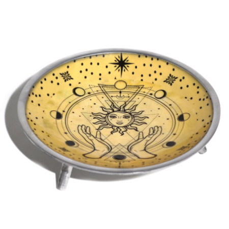 Assiette d'offrande émaillée à trois pieds - Mains et Soleil
