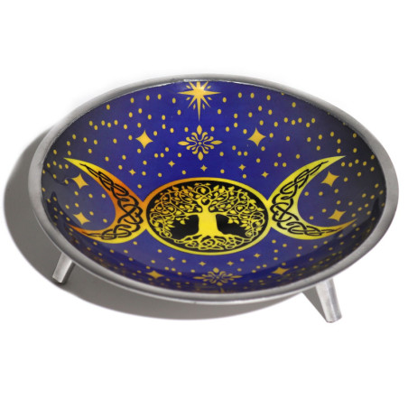 Assiette d'offrande émaillée à trois pattes - Triple lune violette