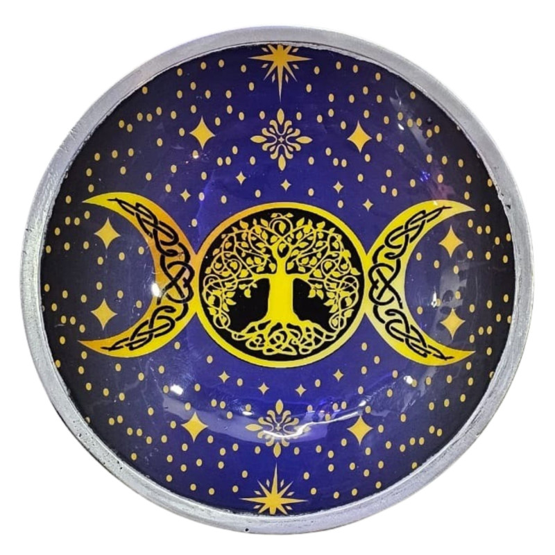 Assiette d'offrande émaillée à trois pattes - Triple lune violette