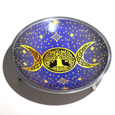 Assiette d'offrande émaillée à trois pattes - Triple lune violette