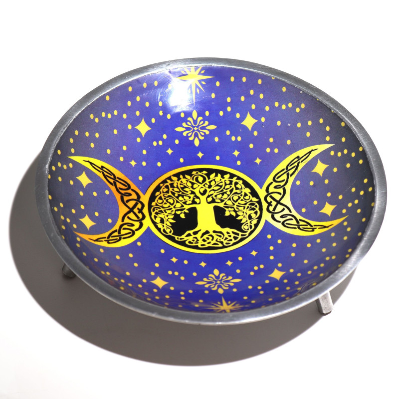 Assiette d'offrande émaillée à trois pattes - Triple lune violette