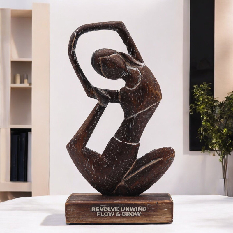 Yoga Lady en bois - Antique - Posture de rotation - « Tourner, se détendre, s'écouler et grandir »