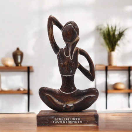 Yoga Lady en bois - Antique - Posture du visage de vache - « Étirez-vous pour retrouver votre force »