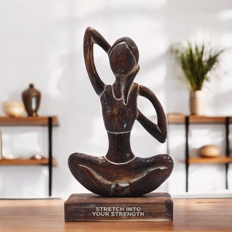 Yoga Lady en bois - Antique - Posture du visage de vache - « Étirez-vous pour retrouver votre force »