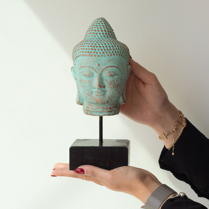 Tête de Bouddha immobile sur support - Cuivre vert