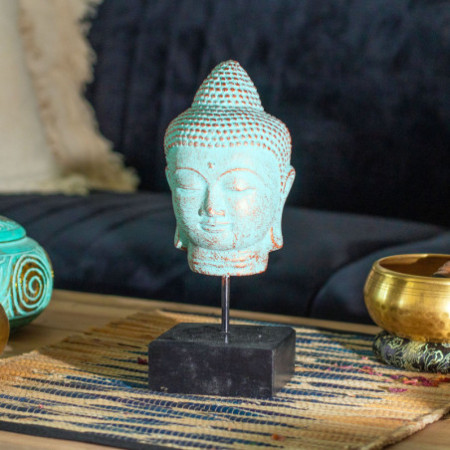Tête de Bouddha immobile sur support - Cuivre vert