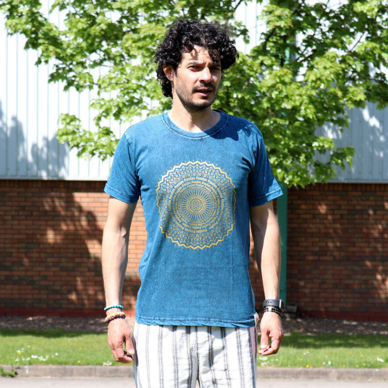 T-shirt délavé à la pierre de taille moyenne - Mandala - Bleu