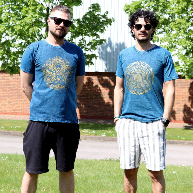 T-shirt délavé à la pierre de taille moyenne - Mandala - Bleu