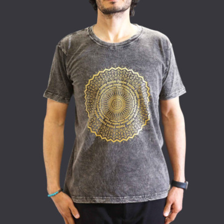T-shirt délavé à la pierre de taille moyenne - Mandala - Gris foncé