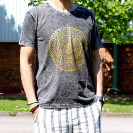 T-shirt délavé à la pierre de taille moyenne - Mandala - Gris foncé