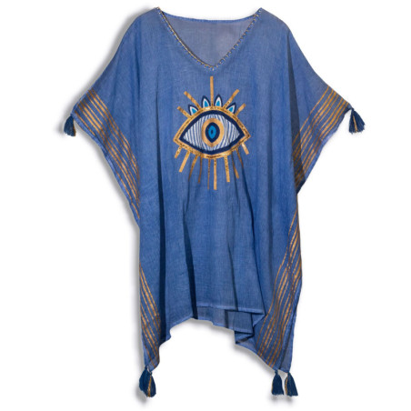 Nomad Sari On the Med Collection - Kaftan - Motif œil maléfique peint à la main bleu riche et or - Peint à la main