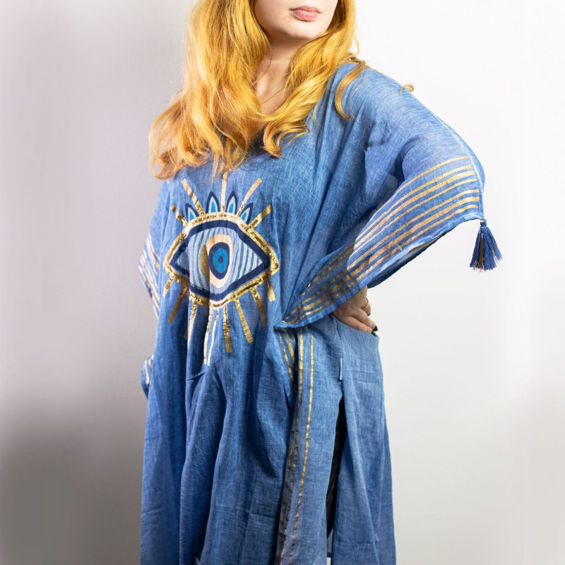 Nomad Sari On the Med Collection - Kaftan - Motif œil maléfique peint à la main bleu riche et or - Peint à la main