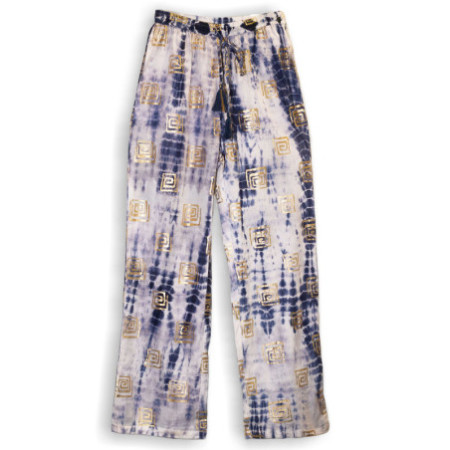 (LXL) Nomad Sari On the Med Collection - Pantalon de détente - Motif grec doré et bleu - Peint à la main