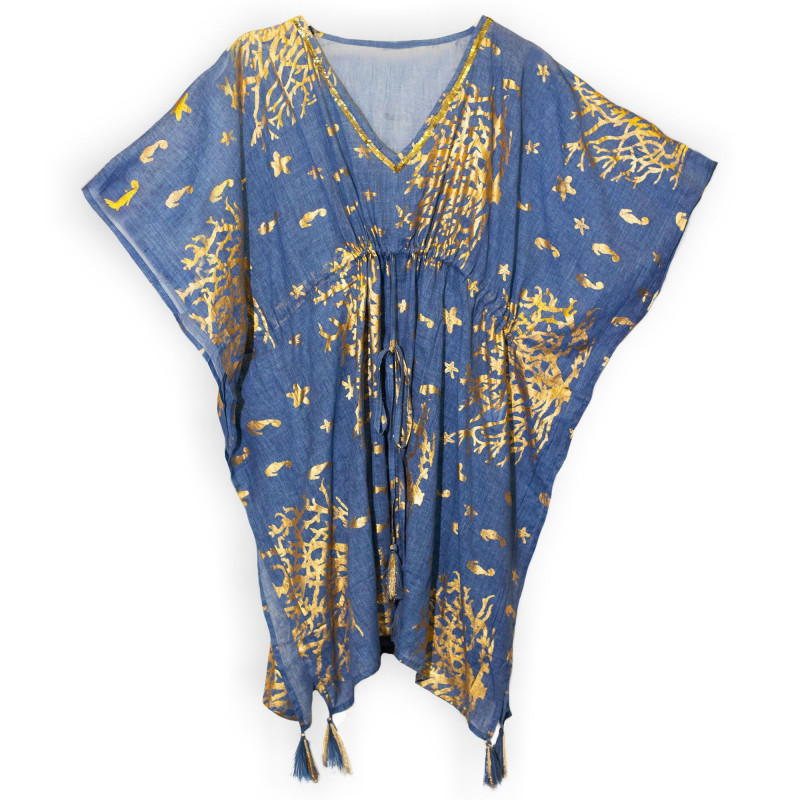 Collection Nomad Sari On the Med - Kaftan - Motif bleu marine et corail doré