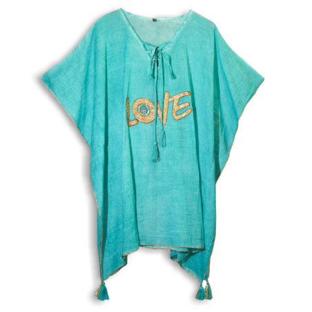 Sari nomade de la collection Med - Kaftan - Motif Love turquoise et or