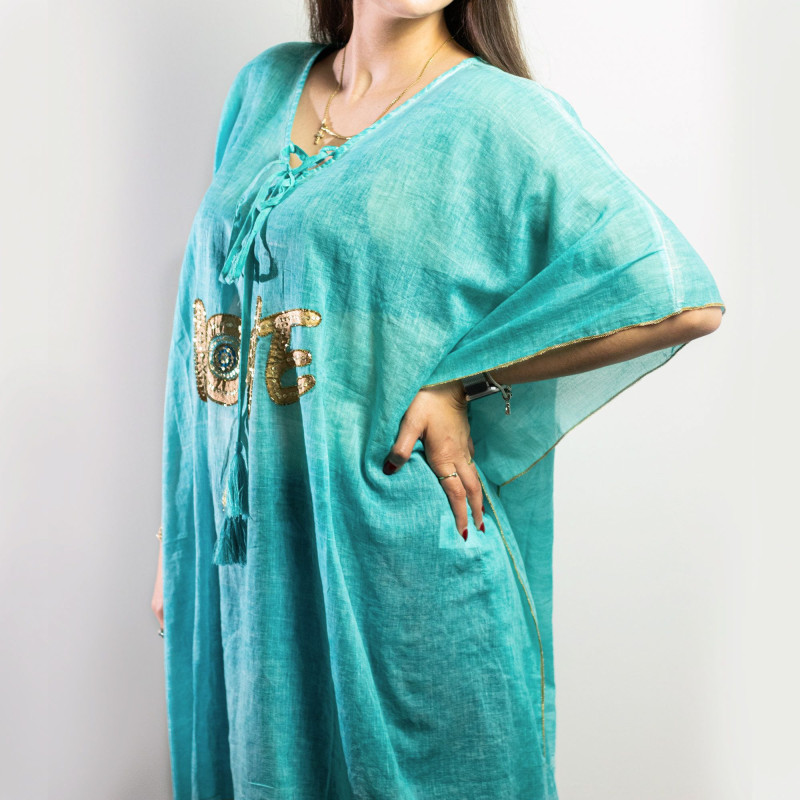 Sari nomade de la collection Med - Kaftan - Motif Love turquoise et or