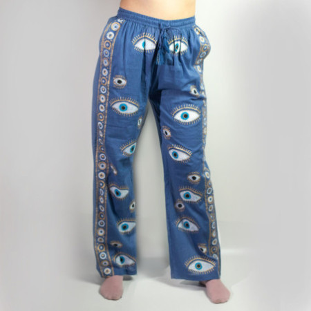 (ML) Nomad Sari On the Med Collection - Pantalon de détente - Motif œil maléfique peint à la main bleu riche et or