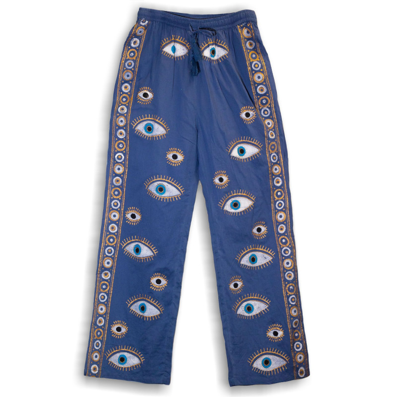 (ML) Nomad Sari On the Med Collection - Pantalon de détente - Motif œil maléfique peint à la main bleu riche et or