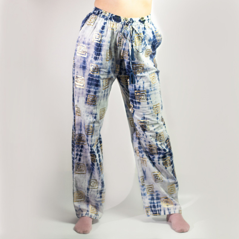 (ML) Nomad Sari On the Med Collection - Pantalon de détente - Motif grec doré et bleu - Peint à la main