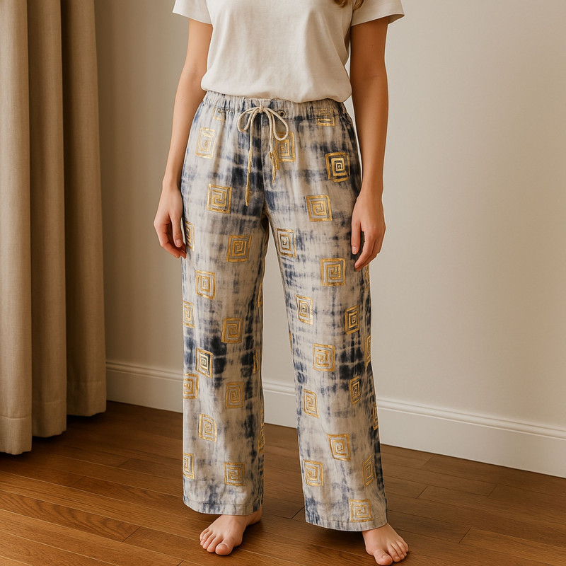 (ML) Nomad Sari On the Med Collection - Pantalon de détente - Motif grec doré et bleu - Peint à la main