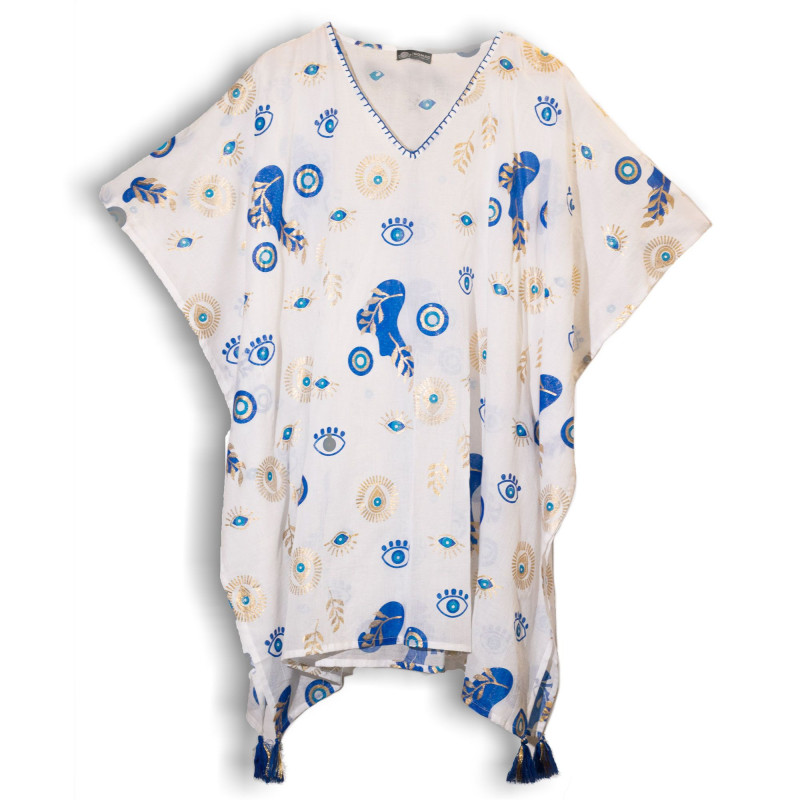 Nomad Sari On the Med Collection - Kaftan - Motif mauvais œil blanc, bleu et or