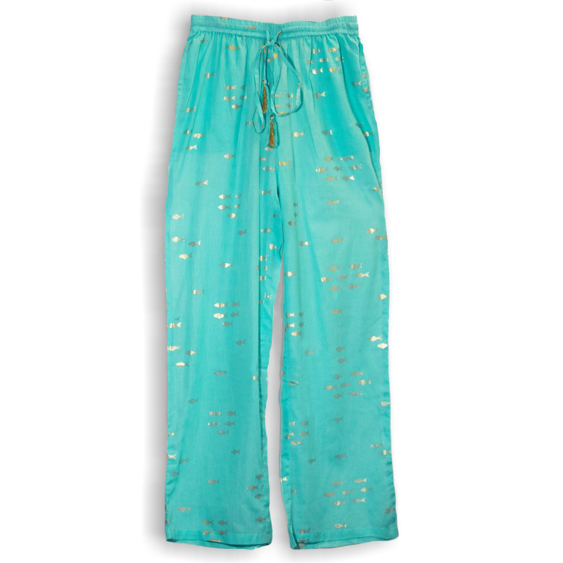 (LXL) Nomad Sari On the Med Collection - Pantalon de détente - Motif poisson turquoise et doré