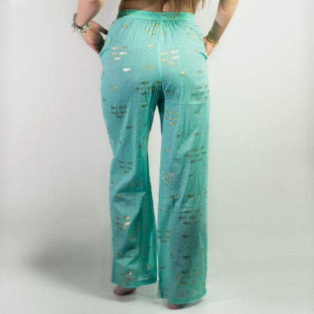 (LXL) Nomad Sari On the Med Collection - Pantalon de détente - Motif poisson turquoise et doré