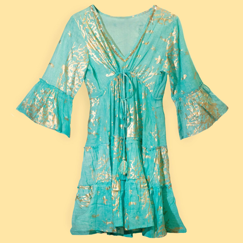 (LXL) Nomad Sari On the Med Collection - Robe - Motif corail turquoise et doré