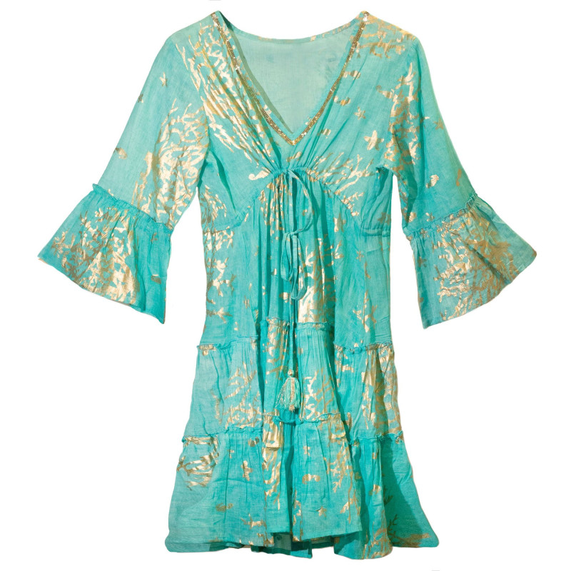 (ML) Nomad Sari On the Med Collection - Robe - Motif corail turquoise et doré