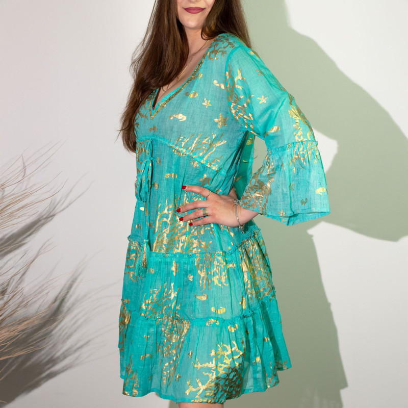 (ML) Nomad Sari On the Med Collection - Robe - Motif corail turquoise et doré