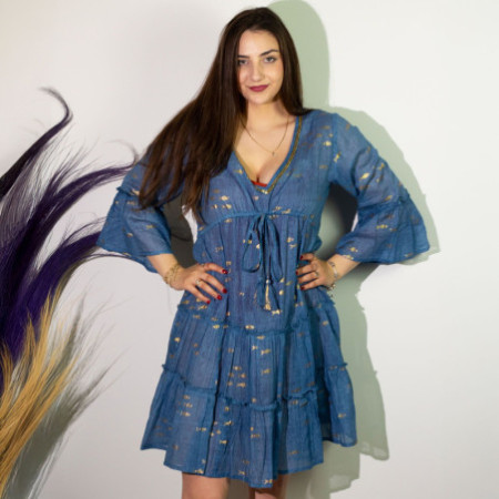 (LXL) Nomad Sari On the Med Collection - Robe - Motif poisson bleu mer et doré