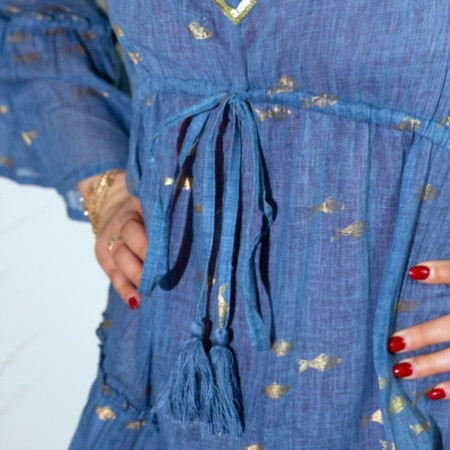 (LXL) Nomad Sari On the Med Collection - Robe - Motif poisson bleu mer et doré