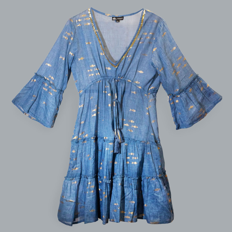 (LXL) Nomad Sari On the Med Collection - Robe - Motif poisson bleu mer et doré