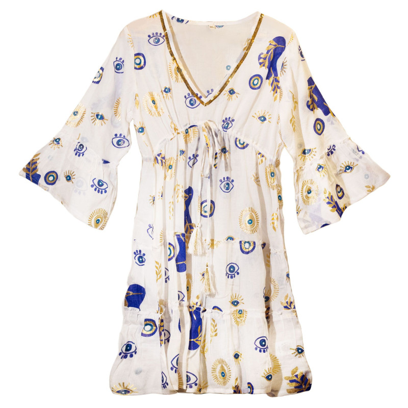 (ML) Nomad Sari On the Med Collection - Robe - Motif mauvais œil blanc, bleu et or