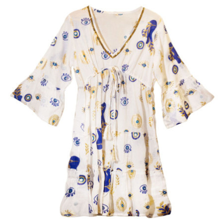 (LXL) Nomad Sari On the Med Collection - Robe - Motif mauvais œil blanc, bleu et or