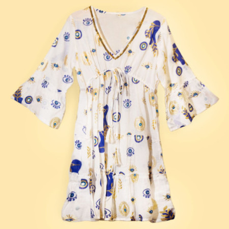 (LXL) Nomad Sari On the Med Collection - Robe - Motif mauvais œil blanc, bleu et or