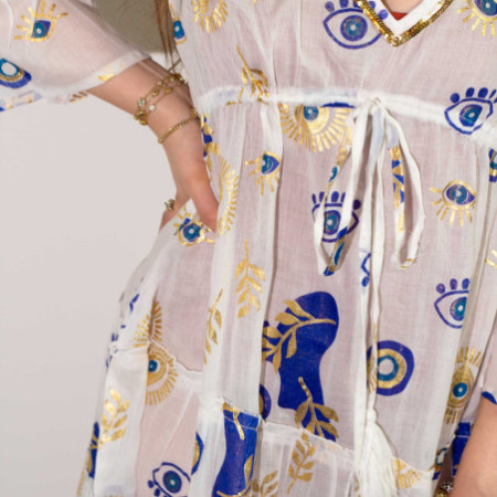 (LXL) Nomad Sari On the Med Collection - Robe - Motif mauvais œil blanc, bleu et or