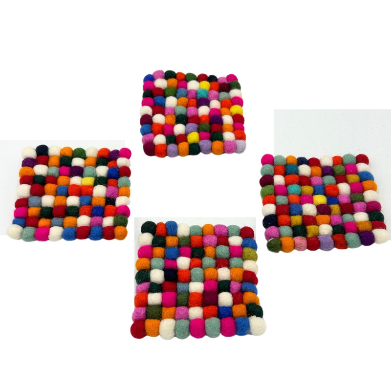 Dessous de verre carrés en boule de feutre - 10 cm - Couleur gris multicolore (lot de 4)